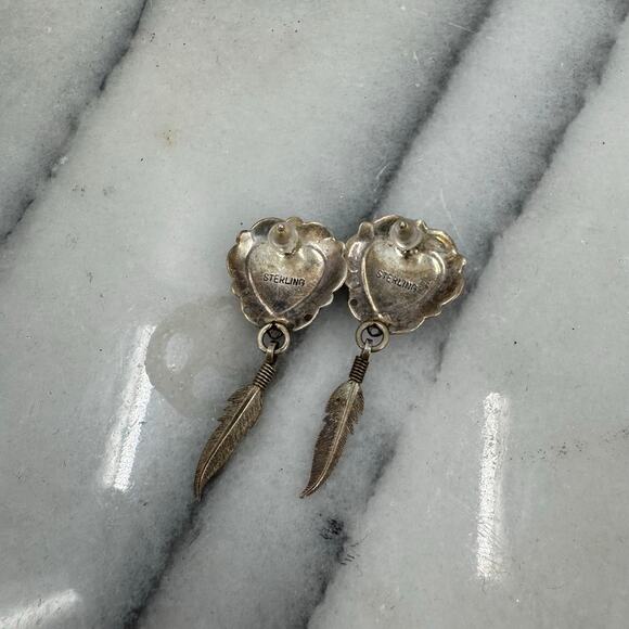 Vintage sterling silver Western Malachite heart stud earrings - Picture 4 of 5